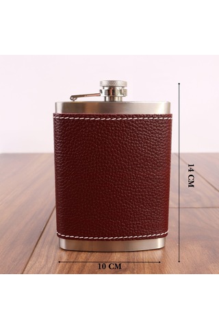 Perlotus 8 Oz 235 Cc Hunili Kızıl Kahverengi Hakiki Deri Kılıflı Çelik Viski İçki Matarası Kahverengi Açık