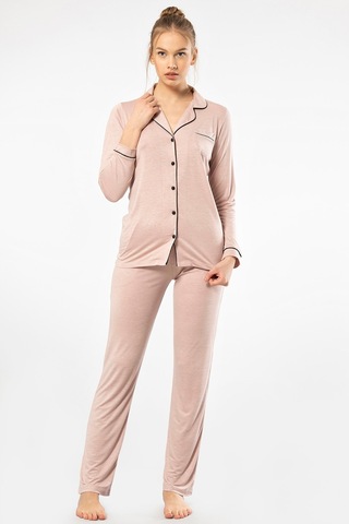 Türen 3365 Kadın Uzun Kollu Gömlek Yaka Pijama Takım-pudra Pudra