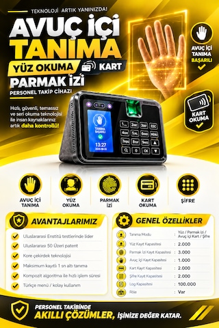 Linadex Lx-220315-m Avuç İçi Okuma-yüz Okuma-parmak İzi Okuma Ve Kartlı Personel Kontrol Cihazı -maaş Puantaj Yazılımı Ve 15 Kart Hediye