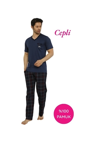 Alimer Erkek V Yaka Ekose Desen %100 Pamuk Kısa Kol Cepli Pijama Takımı İndigo