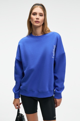 Grımelange AUDRA Kadın Oversize Yuvarlak Yaka Nakış Detaylı Mavi Sweatshirt