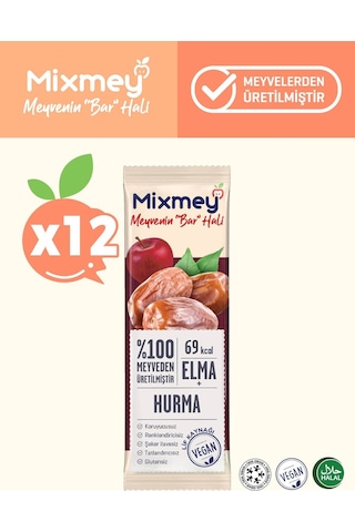 Mixmey Hurma Meyve Barı 12 Adet | Sağlıklı Atıştırmalıklar – Vegan, Glutensiz, Koruyucusuz (20GR X 12 ADET)