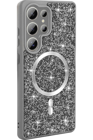 Galaxy S25 Ultra Uyumlu Kılıf Pırlanta Tasarımlı Magsafe Şarj Özellikli Zore Mozaik Silikon Kapak - Gri