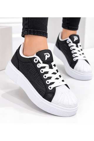 Papucumun Dünyası Poiz Unisex Kalın Tabanlı Retro Court Sneaker Beyaz - Siyah