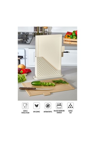 9'lu Mutfak Hazırlık Seti - Dik Standlı Kulplu Kesme Tahtası Karıştırma Kabı Süzgeç Limon Sıkacağı Bej