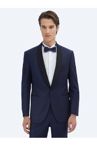 Kip Saks Düz Modern Fit Kelebek Yaka Dokuma Smokin Takım Elbise Saks