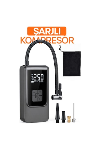 Dijital Ekranlı Şarjlı Araç Hava Kompresörü Ledli Powerbank Lastik Top Yatak Şişirme Pompası 150psi