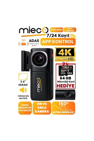 Mieco A7 4k Uhd Wifi Adas 150 Derece Ultra Geniş Açı Gece Görüşü Ön - Arka Araç Kamerası 2025 - Hafıza Kartı Hediyeli