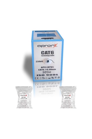 Apronx Cat6 23awg 305 Metre 0,50mm Gri Utp Kablo + 200 Adet Ez Jak