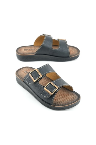 Gezer Yazlık Erkek Suni Deri İki Toka Ayarlanabilir Rahat Taban Günlük Terlik Siyah