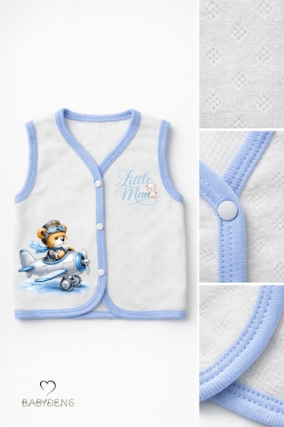 Babyden's Erkek Bebek Yelek Pamuklu Çıtçıtlı Elmas Jakarlı Ayıcık Baskılı Yenidoğan Bebek Yeleği Mevsimlik Ekru - Mavi