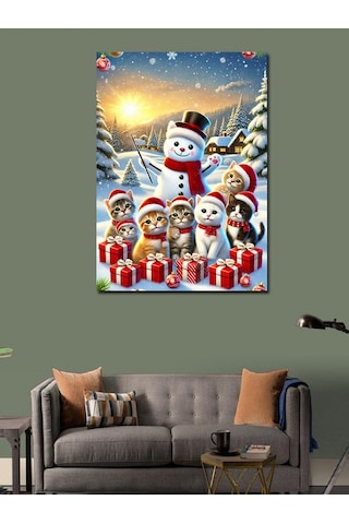 Kanvas Tablo Kardan Adam Kediler Yılbaşı Kutlaması 70cmx100cm