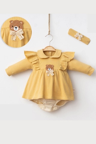 Kız Bebek Cute Bear Romper Baskılı Tulum Hardal