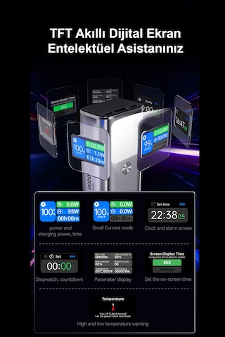 10.000mah Ultra Hızlı Şarj 55w Tft Ekranlı Powerbank - Premium Serisi Gri - Siyah