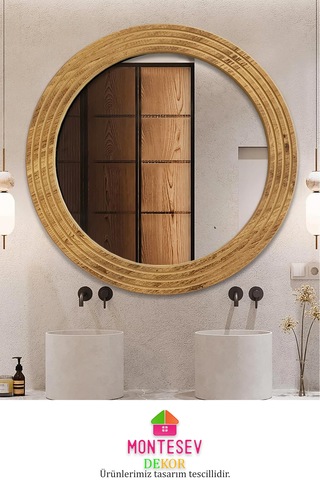 Antik 2 Li Dekoratif Ayna Seti Yuvarlak Banyo Duvar Aynası 56-43 Açık Kahverengi