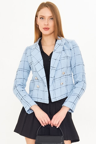 Armonika Kadın Mavi-siyah Kruvaze Yaka Tüvit Crop Ceket Arm-24k001014