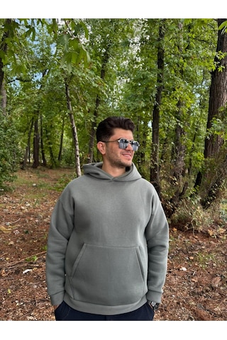 Erkek 3 İplik Basic Oversize Kanguru Cepli Kapüşonlu Sweatshirt Haki Yeşil