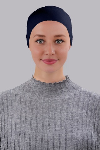 Tesettür Boru Bone Önü Dikişsiz Hazır Pratik Geçmeli Düz Bonesi Pamuk Likralı Penye Lacivert