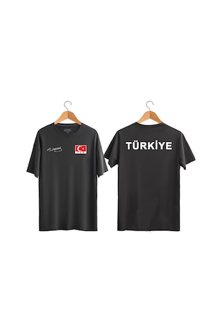 Türkiye Yazılı Atatürk İmzalı Türk Bayrağı Baskılı Tişört Ayyıldızlı T-shirt SIYAH