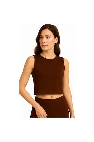 İngegno Body Bisiklet Yaka Sıfır Kol Crop %95 Viskon Ring Örme Kumaş Body Kahverengi