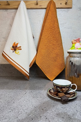 2 Li Mutfak Havlusu Portakal & Tarçın Nakışlı Kurulama Bezleri - 40x60 Cm Kiremit