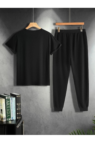 Kanat T-shirt Eşofman Altı Jogger - Siyah Baskılı Alt Üst Takım Oversize Bisiklet Yaka Siyah