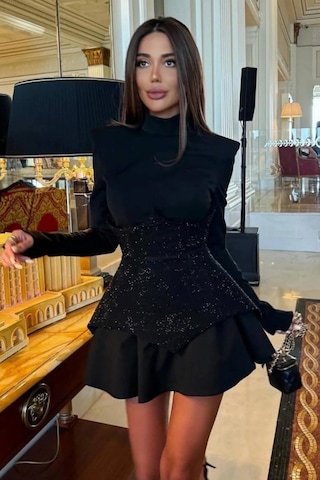 Uzun Kollu Işıltı Mini Elbise - Kristal Elmas Detaylı Kadın S