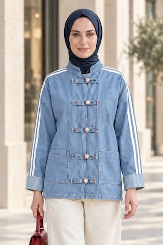 Hb Harma Time Butik Kadın Çizgi Detaylı Düğmeli Cepli Kot Mavi Ceket