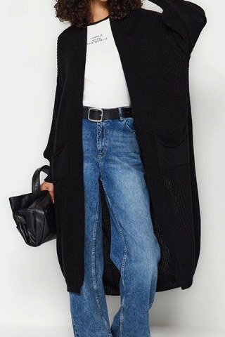Frm Kadın Moda Şık Uzun V Yaka Regular Maxi Basic Triko Hırka Siyah