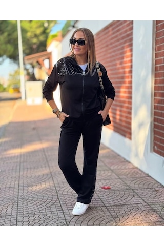 Defymoda Kadın Iki Iplik Kumaş Pul Ve Fermuar Detaylı Ikili Takım Siyah