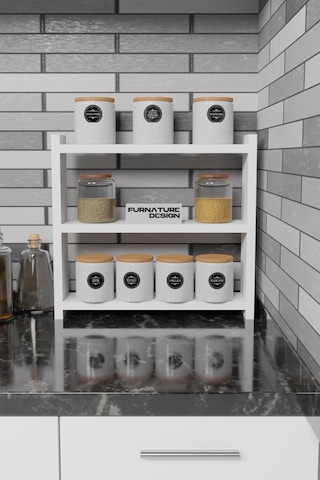3 Raflı Tezgah Üstü Çok Amaçlı Baharatlık 40x10 Cm Beyaz