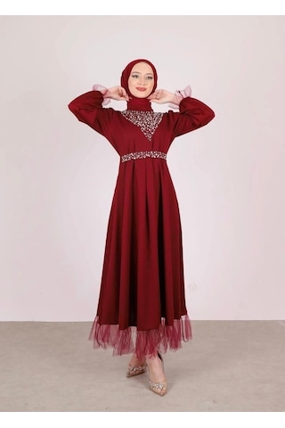 Lovie Moda Kadın V Taşlı Özel Gün Elbisesi Kırmızı