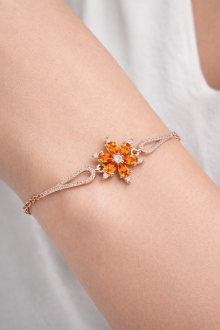 Çekirdekjewelry 925 Ayar Gümüş Turuncu Taşlı Çiçek Bileklik Pembe