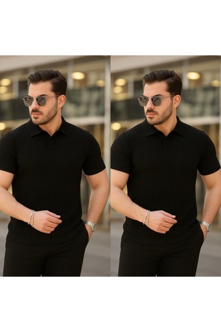 Veraura Lifestyle Erkek Kısa Kollu Yakalı Çizgi Desenli Triko Bluz Siyah