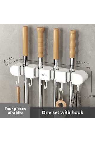 Geeroyoo Duvar Montlu Dört Klemeli Süpürge Tutucu - Deliksiz Yapıştırıcı Tasarım, Banyo/temizlik Gereçleri Organizerı Beyaz Diğer