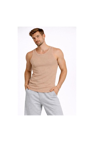 Assema Erkek Fitilli Atlet Sıfır Yaka Slim Fit Arka Baskılı Spor Atlet - Bej Çok Renkli