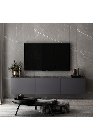 Neon 3 Kapaklı Duvara Monte Tv Ünitesi, Tv Sehpası Antrasit Mermer Desen - Antrasit Antrasit