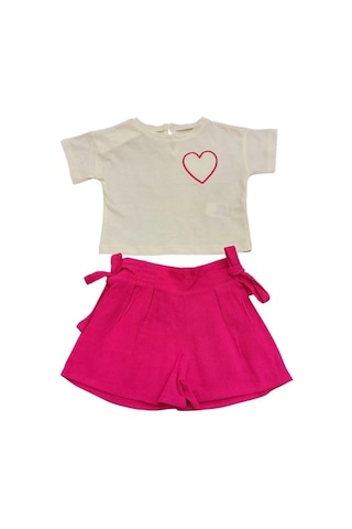 Kız Bebek Kalpli T-shirt Keten Şortlu Takım-13875 Bej