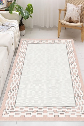 Çerçeveli Modern Kaymaz Taban Makinede Yıkanabilir Halı Oturma Odası Salon Halı Koridor Halı Pembe