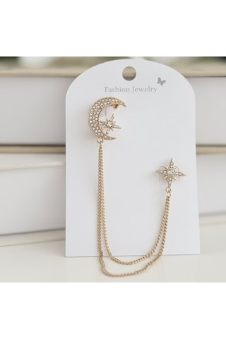 Lente Aksesuar Çift Zincir Detaylı Zirkon Taşlı Gold Ay Yıldız Broş Lente Aksesuar Çift Zincir Detaylı Zirkon Taşlı Gold Ay Yıldız Broş