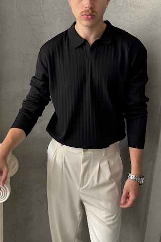 Erkek Polo Yaka Fitilli Oversize Triko Kazak Siyah