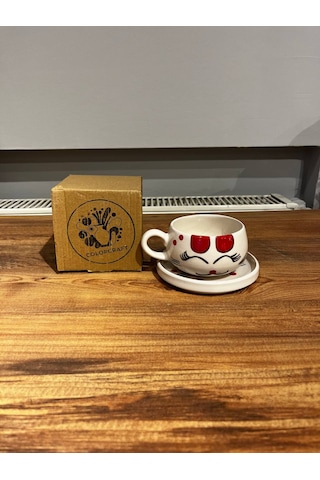 Kedi Desenli Tabaklı Seramik Kupa, Mug, Double T. Kahvesi Filtre