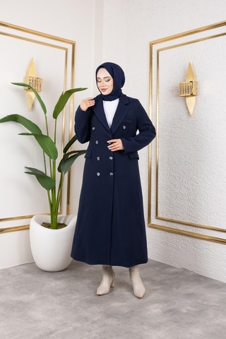 Hb Harma Time Butik Kadın Astarlı Düğmeli Cepli Uzun Lacivert Kaşe Kaban
