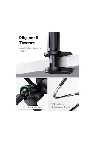 Ugreen Flexible Esnek Yatak Masa Telefon Tutucu, Siyah, 80906 Siyah