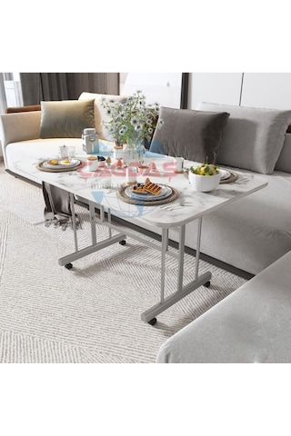 Metal Ayaklı Tekerlekli Ekonomik Orta Sehpa 70 X 110 Cm Beyaz Mermer Beyaz Mermer