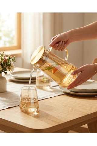 Premium Borosilikat Cam Gold Sürahi 1.9 L Isıya Dayanıklı Çay & Detoks Sürahisi
