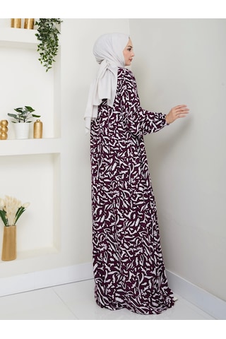 Nevayla Moda Desenli Önü Büzgülü Viskon Elbise - Mor / E0131 Mor
