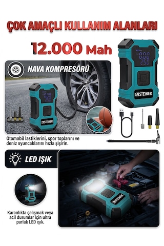 Steiner 12.000 Mah Dijital Ekranlı Kablosuz Lastik Hava Pompası Şarjlı Hava Kompresörü Powerbank Led Işık Mavi 1200mah - 25x5.6x4.7cm