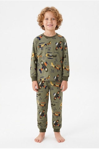 Bunny Hopp Vintage Uçak Desenli %100 Pamuk Süprem Penye Kumaş Uzun Kollu Erkek Çocuk Pijama Takımı Yeşil