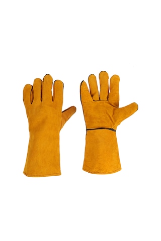 Yuntech01 Derin Deri Kaynakçı Eldiveni - Tam Deri, Uzun, Kalın, İş Güvenliği - Sarı
